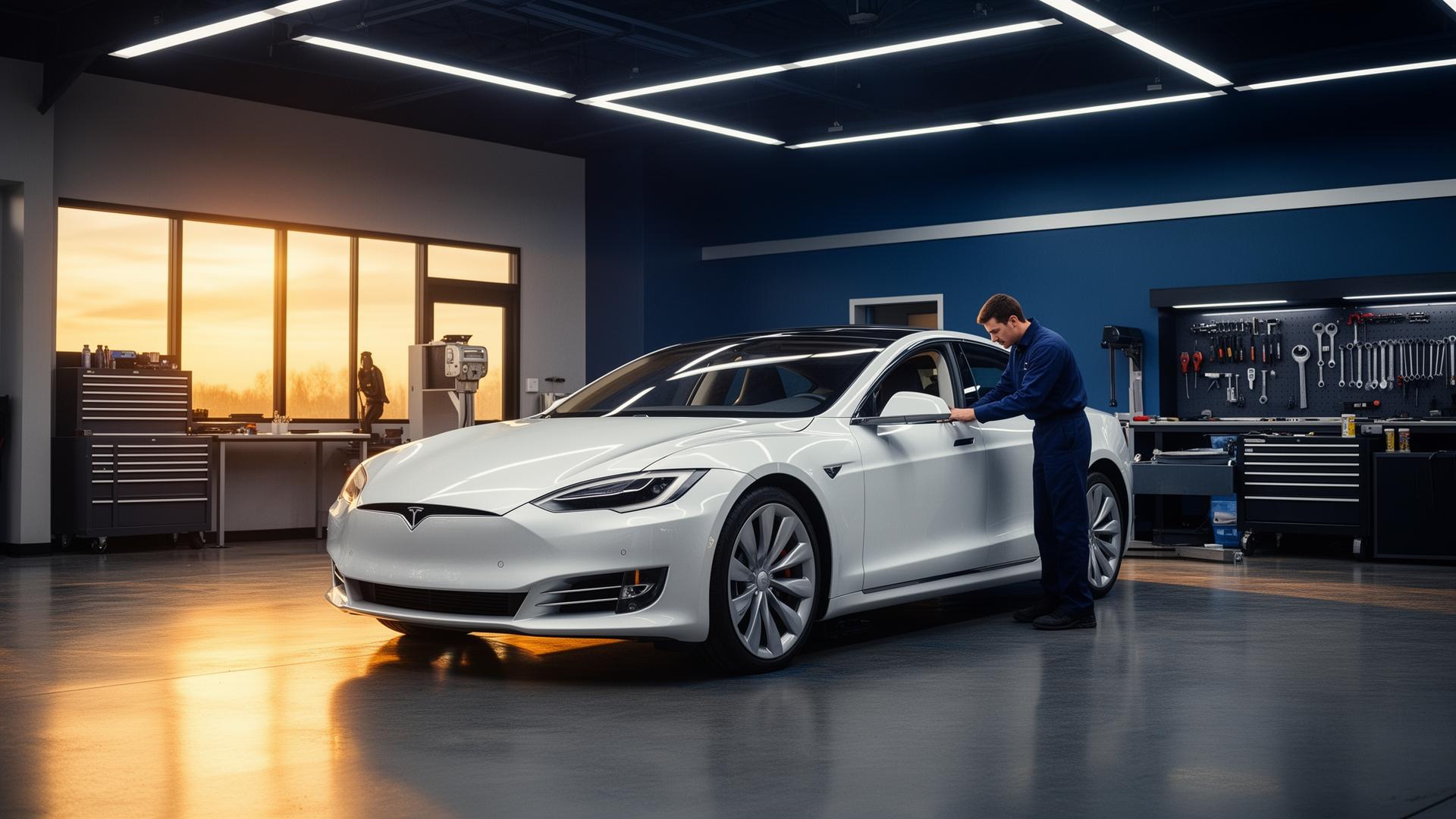 Tesla being inspected inside Michael Collision Center