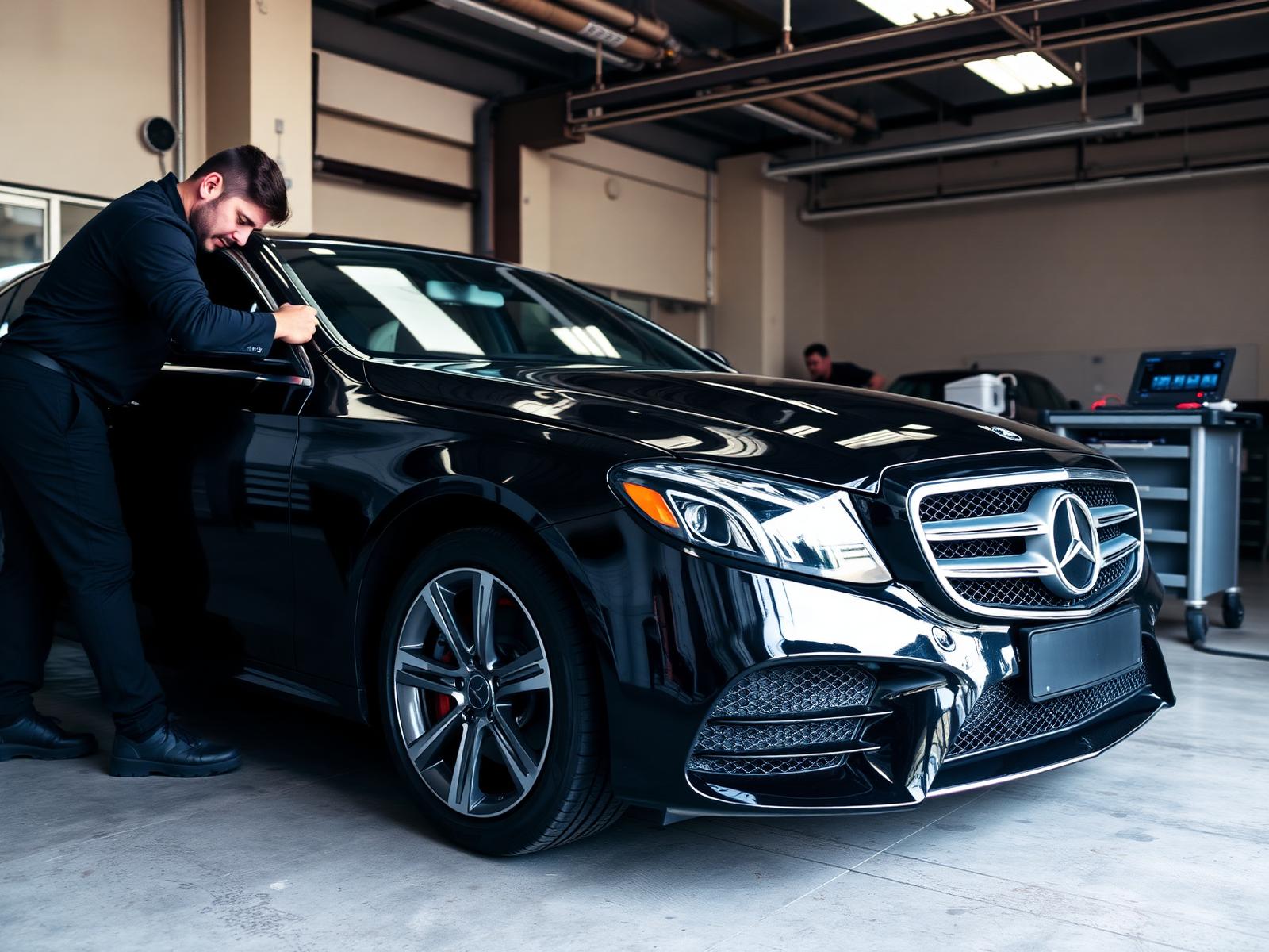 Black Mercedes-Benz E-Class being inspected in the shop