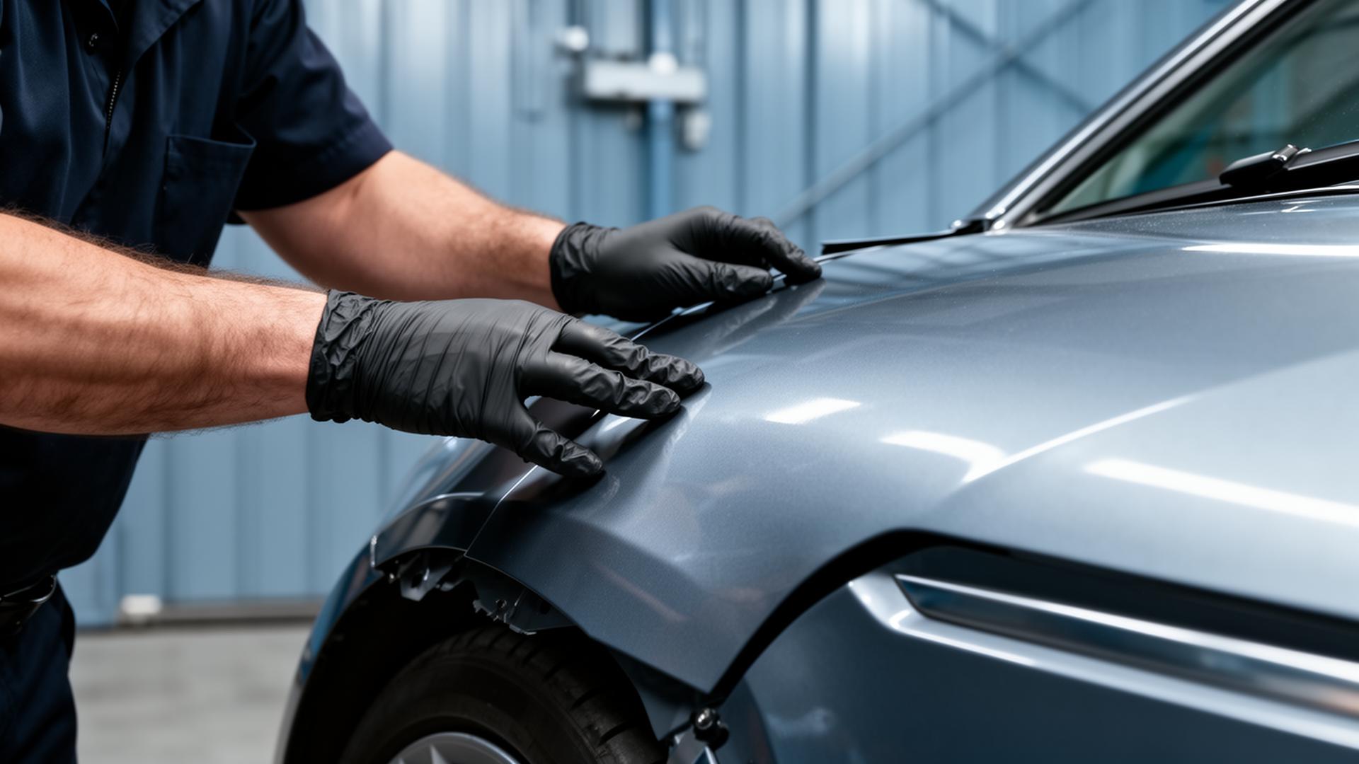 Technician aligning a panel on a Tesla